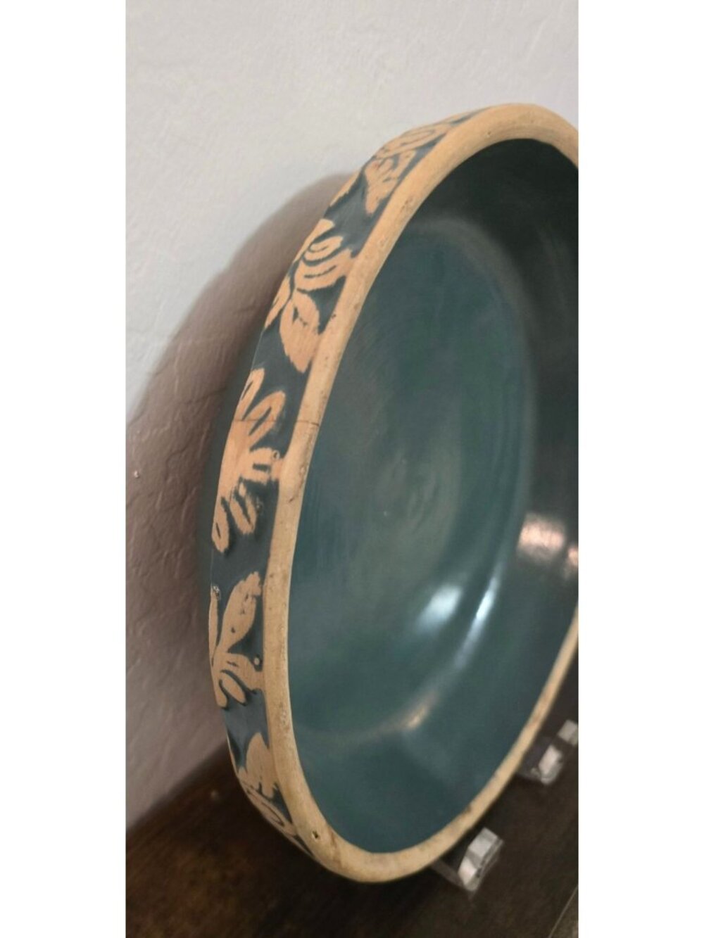 Vintage Clay City Pottery 10" Green Bowl Pie Plate Floral Embossed Rim - Picture 5 of 13